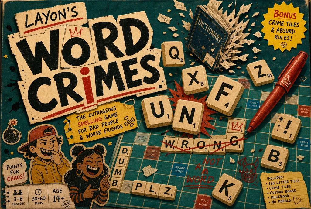 Layon’s Word Crimes illustrated board game cover, with tumbling misspelt letter tiles